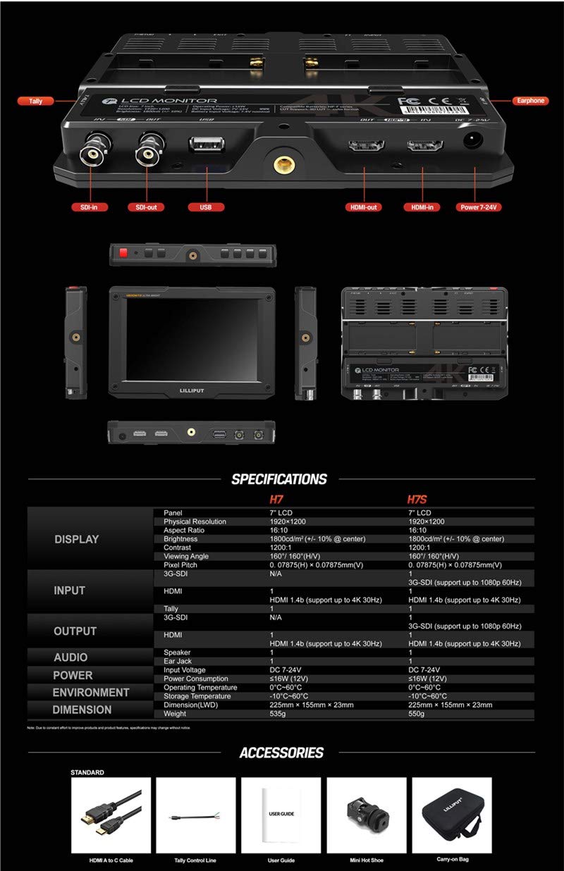 Lilliput H7 7" Full HD Field LED Monitor with 4K HDMI, Built-In Speaker, 1920x1200