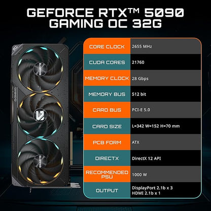 GIGABYTE GeForce RTX 5090 Gaming OC 32G Graphics Card, WINDFORCE Cooling System, 32GB 512-bit GDDR7, GV-N5090GAMING OC-32GD Video Card