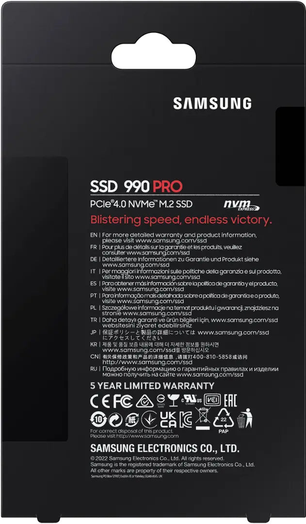 Samsung 990 PRO NVMe M.2 SSD, 4 TB, PCIe 4.0, 7,450 MB/s Read, 6,900 MB/s Write, Internal SSD, for Gaming and Video Editing, MZ-V9P4T0BW