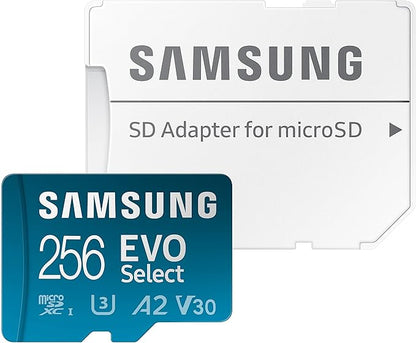 SAMSUNG EVO Select microSDMemory Card + Adapter, 256GB microSDXC, Up-to 160 MB/s, 4K UHD, UHS-I, C10, U3, V30, A2, for Mobile Phone, Smartphones, Nintendo-Switch, and Tablets