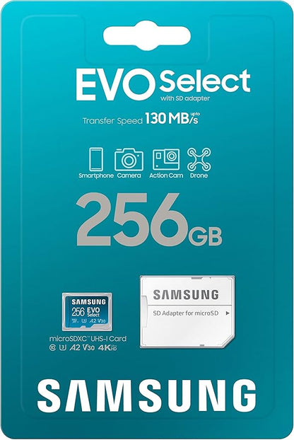 SAMSUNG EVO Select microSDMemory Card + Adapter, 256GB microSDXC, Up-to 160 MB/s, 4K UHD, UHS-I, C10, U3, V30, A2, for Mobile Phone, Smartphones, Nintendo-Switch, and Tablets
